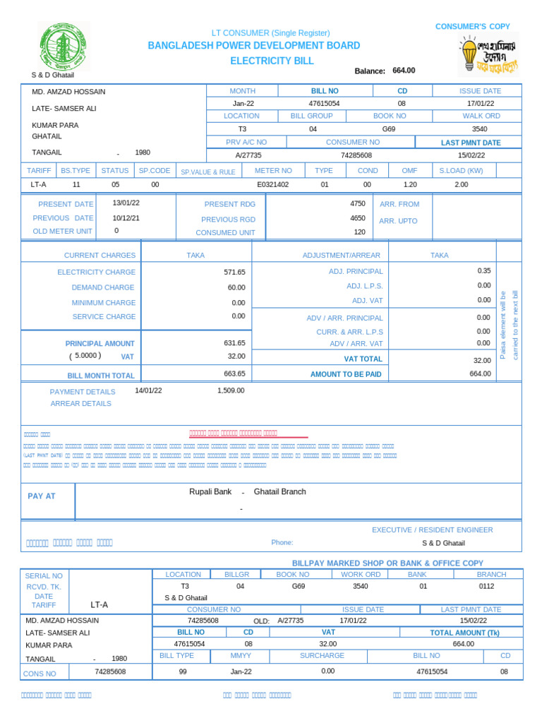 Bangladesh Electricity Bill Summary | PDF