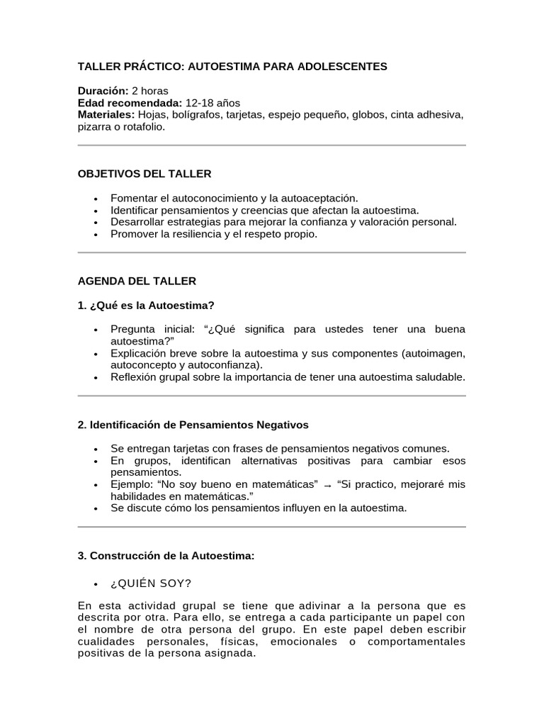 Taller de Autoestima para Adolescentes | PDF | Autoestima | Psicología ...