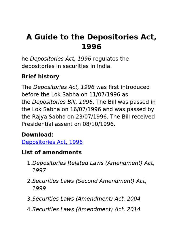 Overview of the Depositories Act, 1996 | PDF | Securities (Finance ...