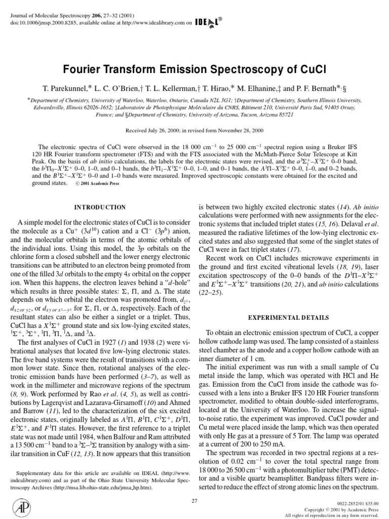 T. Parekunnel Et Al - Fourier Transform Emission Spectroscopy of CuCl ...