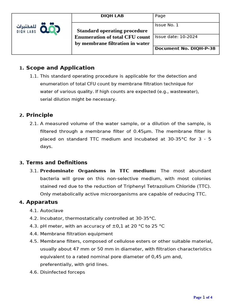 CFU Count SOP for Water Testing | PDF | Colony Forming Unit | Filtration