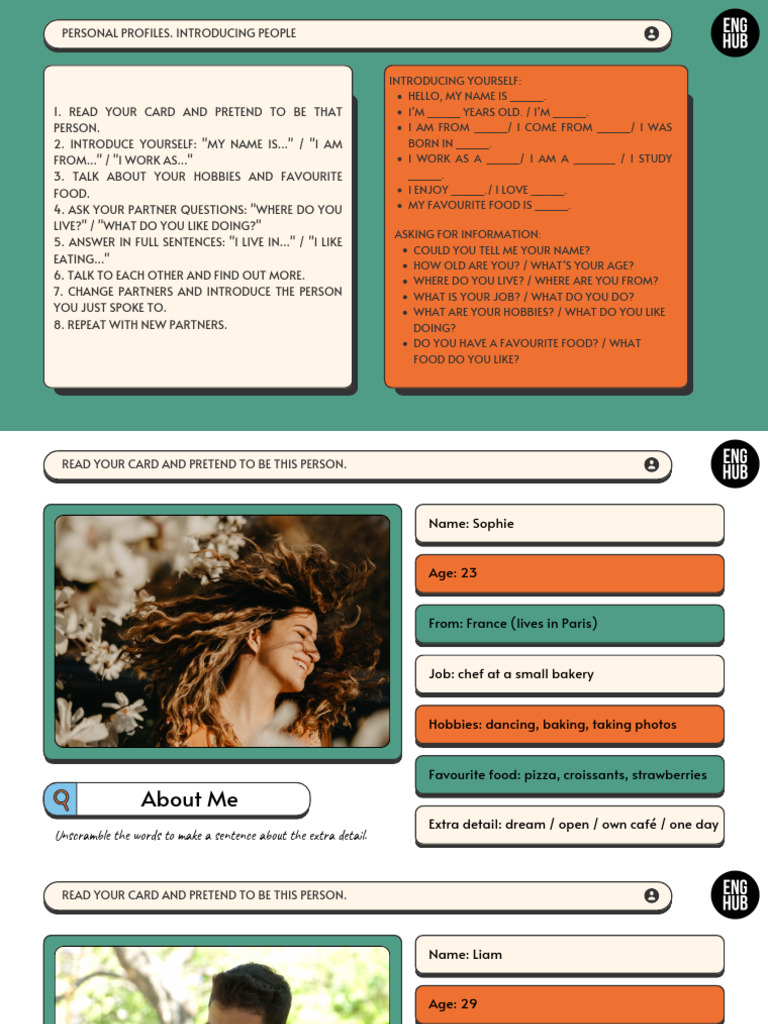 Personal Profiles: Introduce Yourself Activities | PDF | Foods | Cuisine