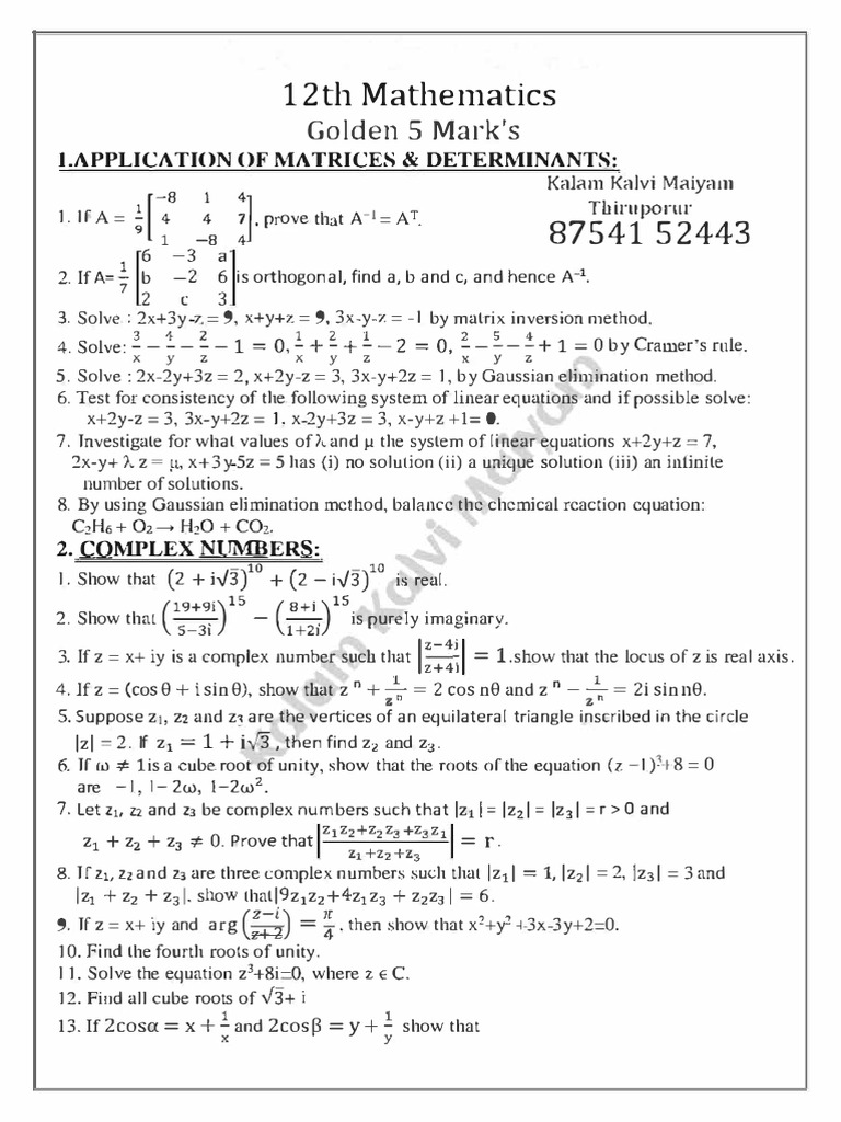 12th Maths Questions | PDF | Matrix (Mathematics) | System Of Linear ...