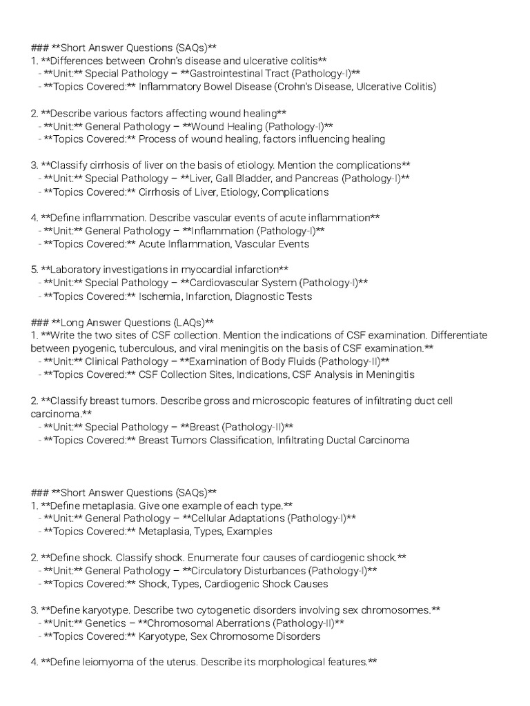 Pathology Exam Questions Overview | PDF | Pathology | Inflammation