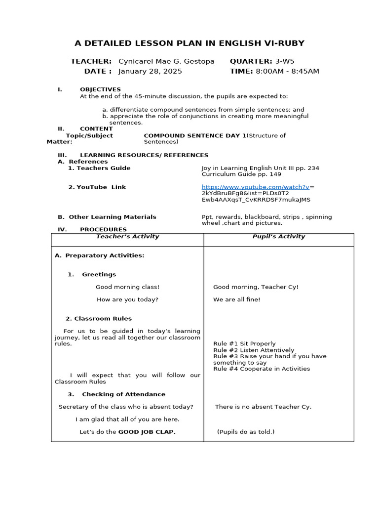 5th Final Lesson Printed Plan Compound Sentences | PDF | Grammar ...