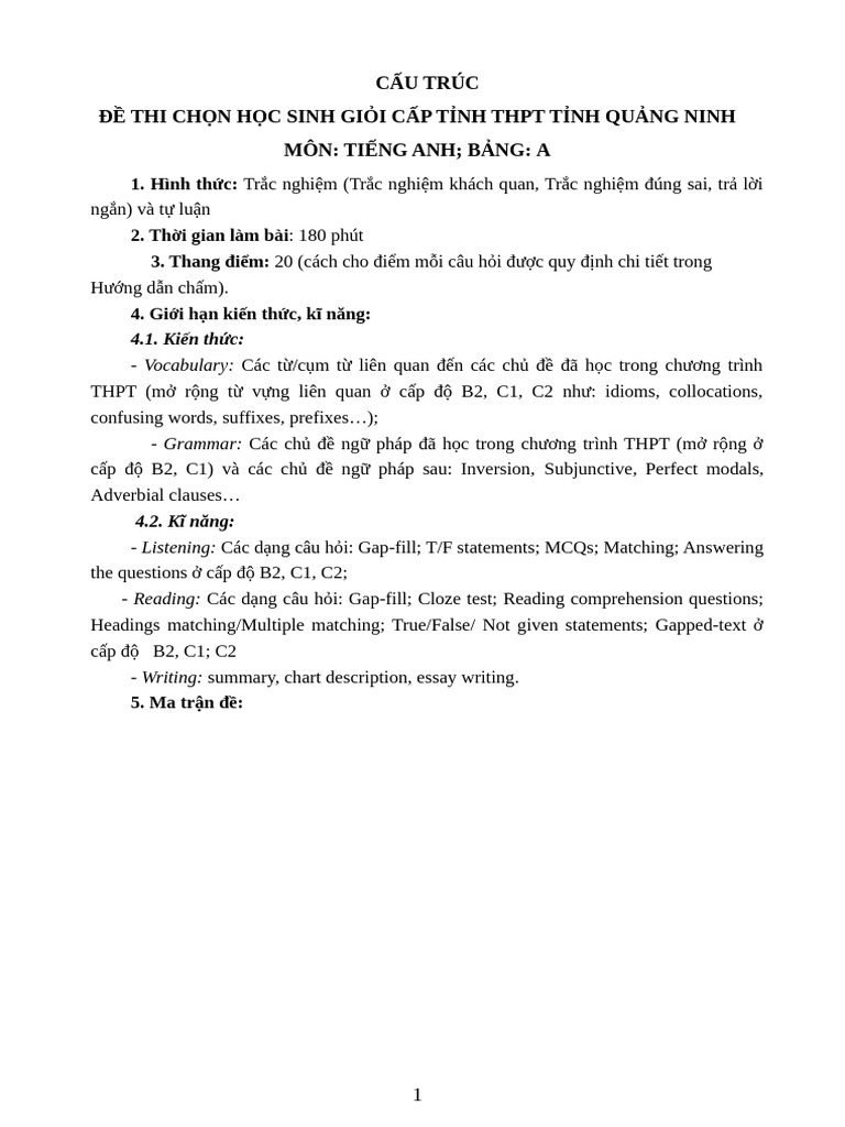 MA TRẬN ĐỀ THI HỌC SINH GIỎI CẤP TỈNH THPT-BẢNG A - BẢN CHUẨN | PDF