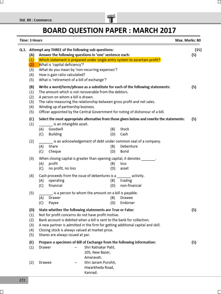 March 2017 Commerce Board Exam Paper | PDF | Balance Sheet | Debits And ...