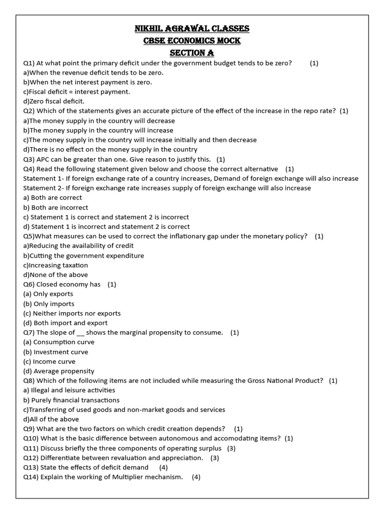 ECO CBSE MOCK | PDF | Government Budget Balance | Fiscal Policy