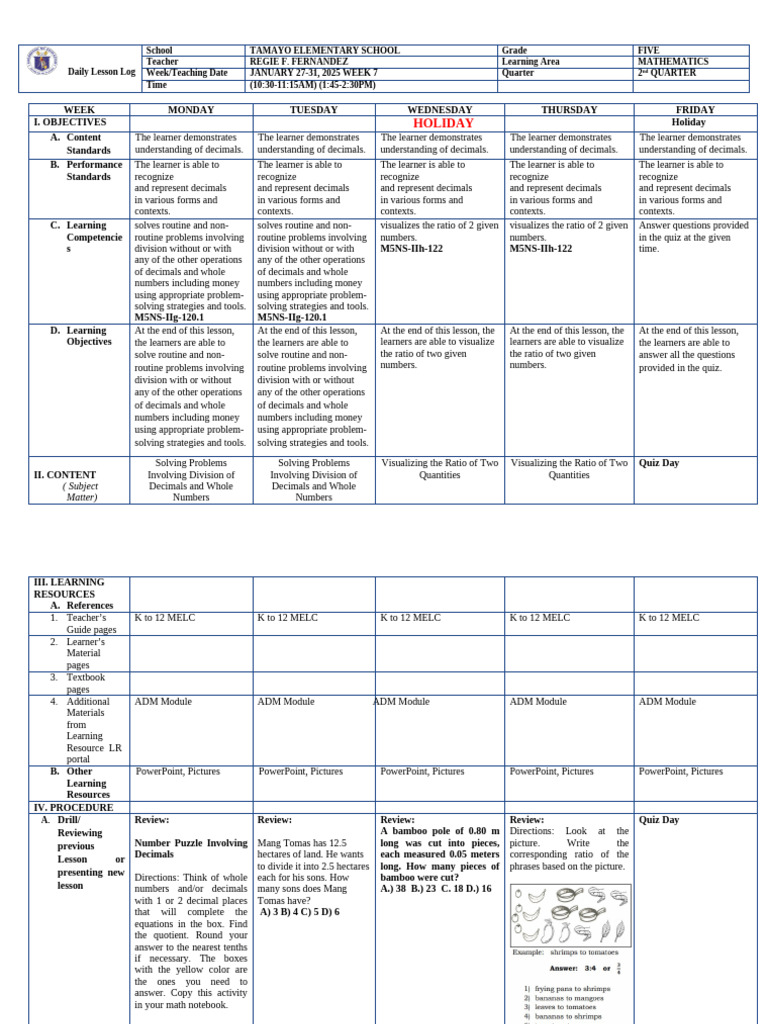 DLL WEEK 7 MATH | PDF | Division (Mathematics) | Ratio