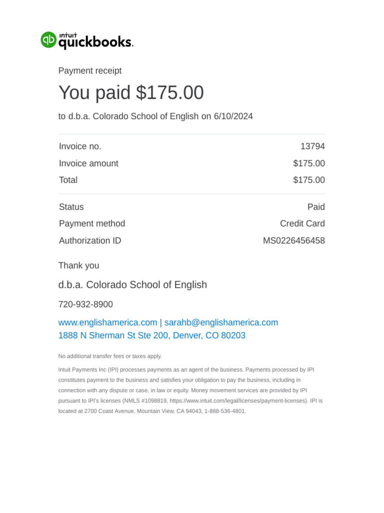 Payment Receipt for Colorado School of English | PDF