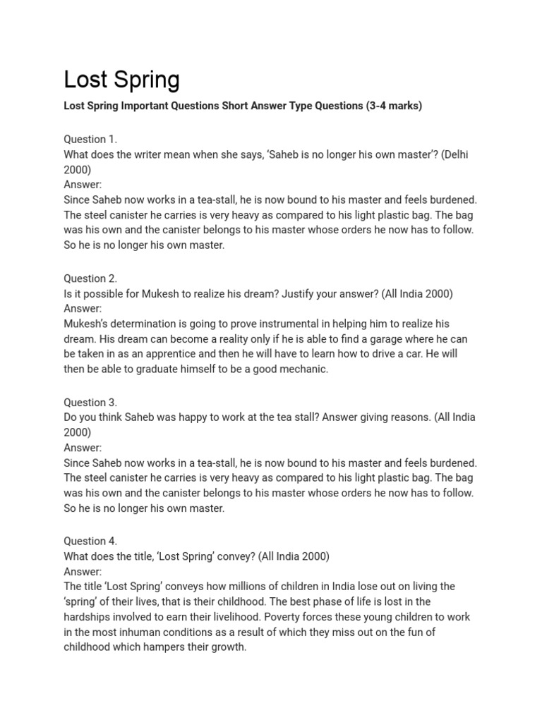 Lost Spring Imp Questions | PDF | Poverty | Poverty & Homelessness