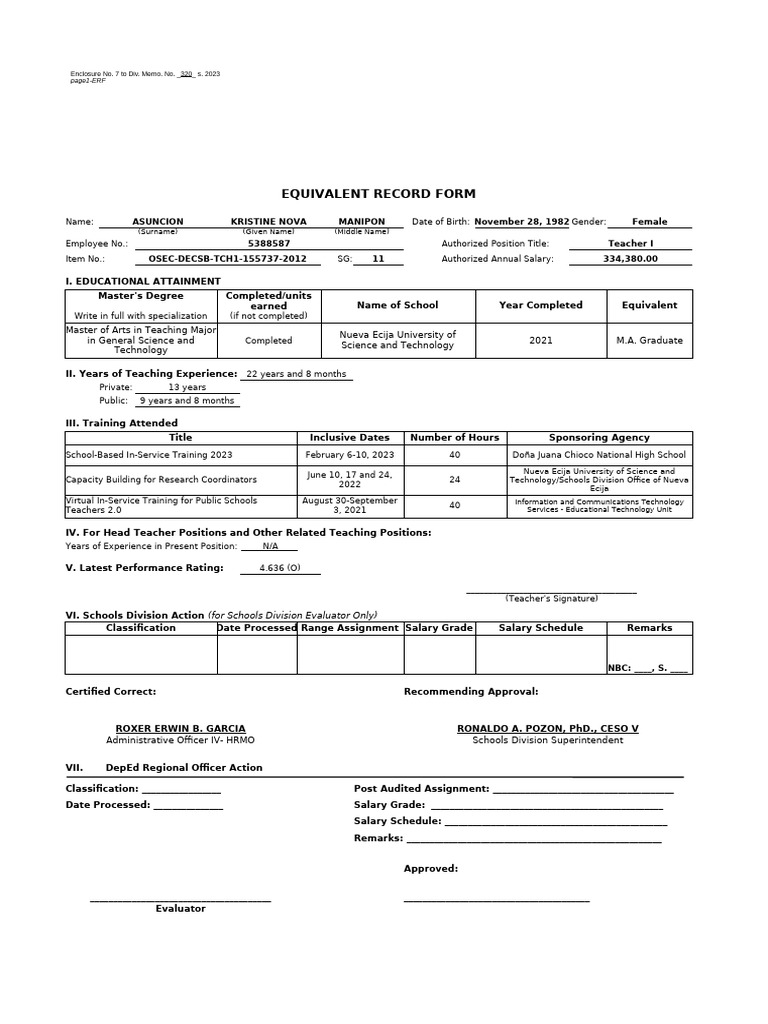 Teacher Equivalent Record Form | PDF | Teachers | Learning