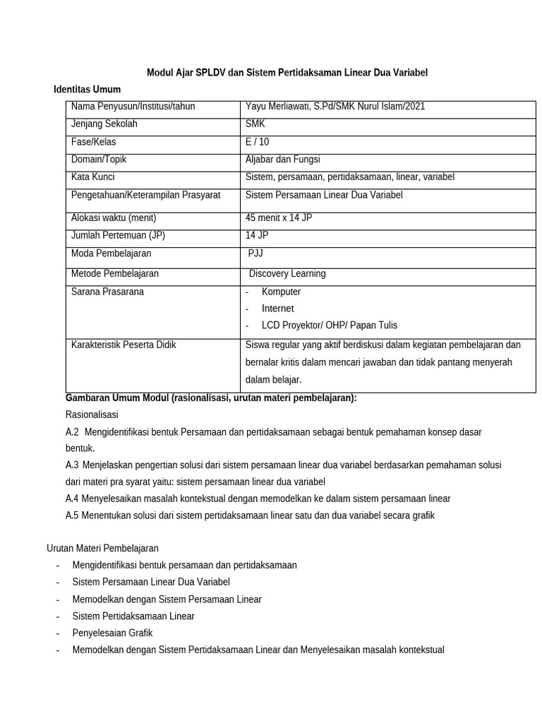 Modul SPLDV untuk SMK Kelas 10 | PDF