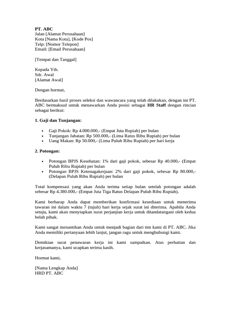 Surat Penawaran Kerja HR Staff PT. ABC | PDF