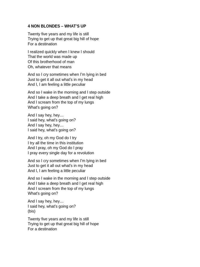 4 Non Blondes Whats Up (Letra) | PDF