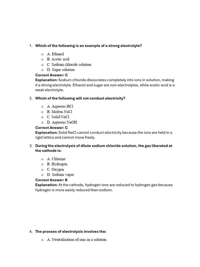 Strong Electrolytes and Electrolysis Explained | PDF | Electrolyte | Anode