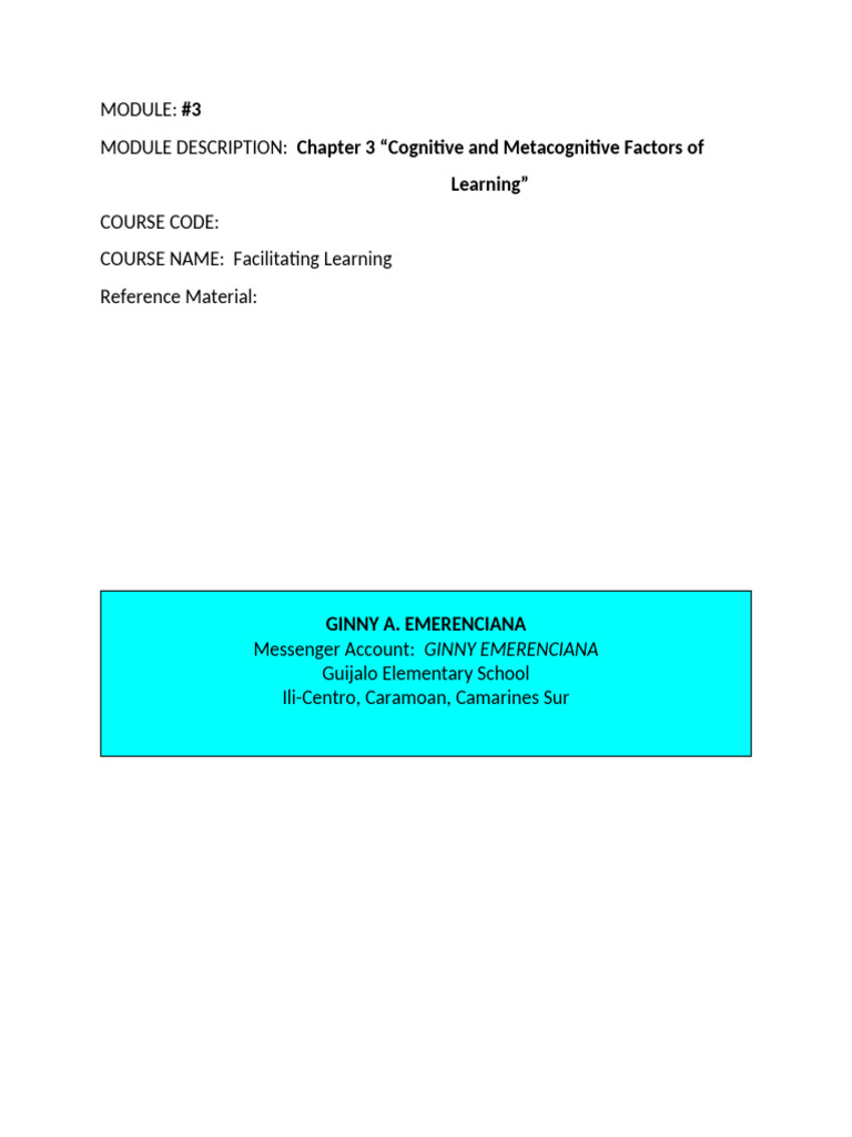 Cognitive and Metacognitive Learning Factors | PDF | Metacognition ...