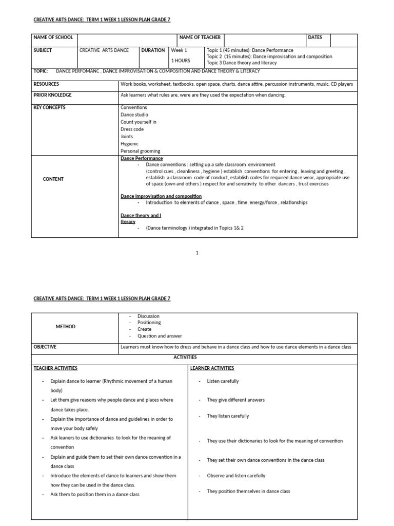 Grade 7 Dance Lesson Plan: Week 1 | PDF | Dances | Lesson Plan