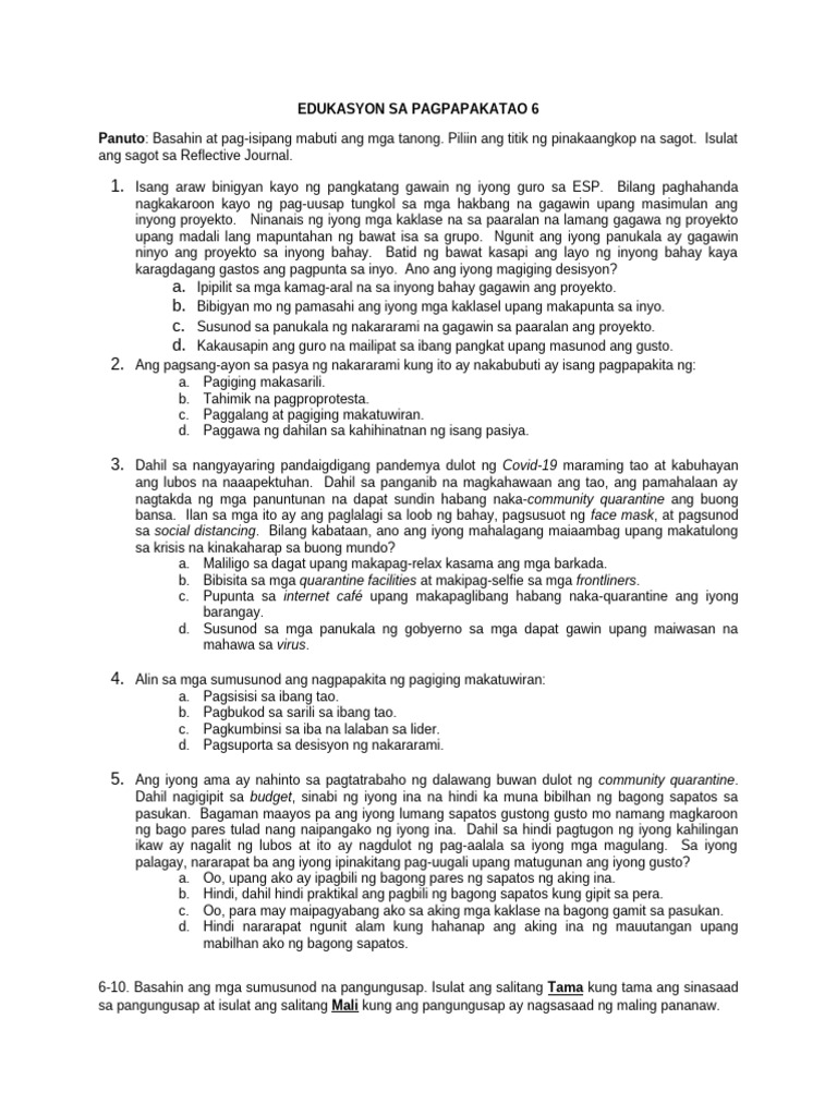 SUMMATIVE TEST 2 - ESeP 6 (Q1) | PDF