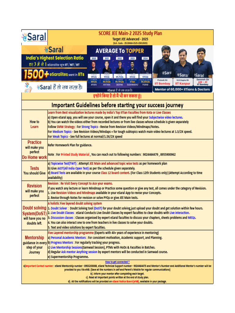 SCORE JEE Main-2 2025 Study Plan | PDF | Chemistry | Physics