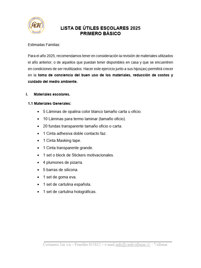 1° BASICO Lista de Utiles Escolares 2025 | PDF | Lápiz | Materiales de ...