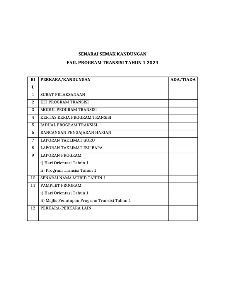 Senarai Semak Program Transisi Tahun 1 | PDF