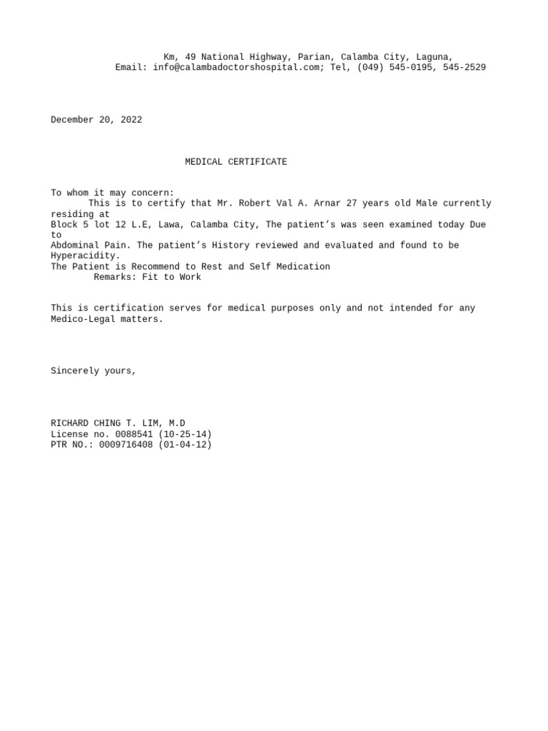 Medical Certificate for Hyperacidity | PDF