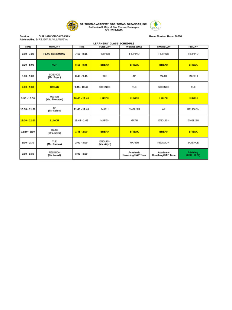 OLCA School 2024-2025 Class Schedule | PDF