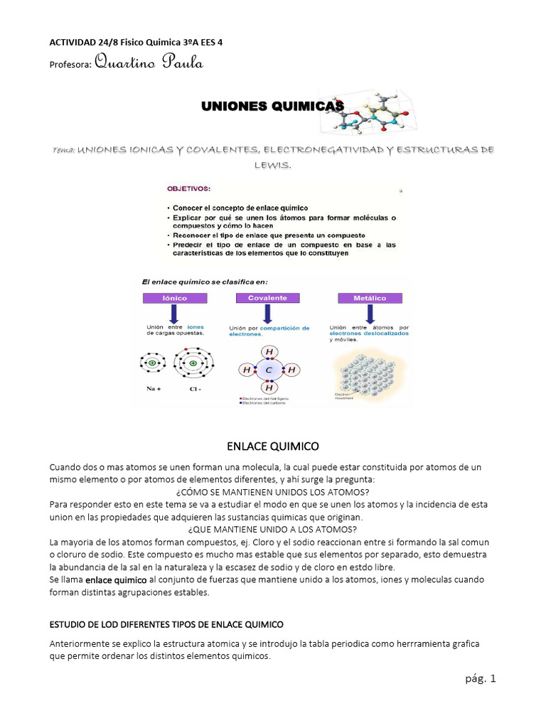 Uniones Quimicas 3oa Ees4 24 8 23 | PDF | Enlace iónico | Enlace químico