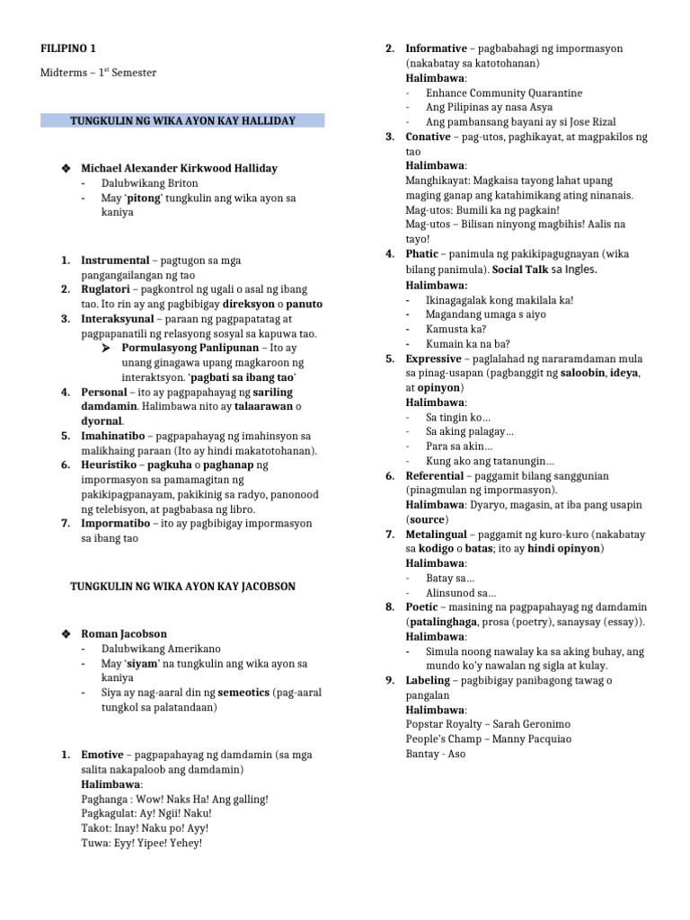 FILIPINO 1 - MIDTERMS (1st SEMESTER) | PDF