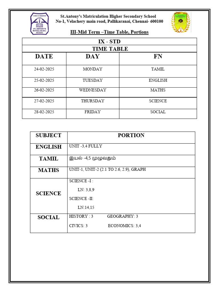 9 std-III Mid Term TT & Portions | PDF