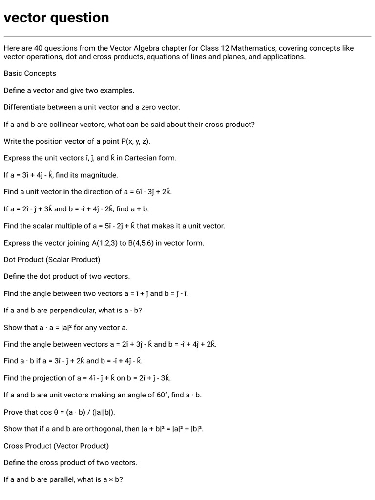 Class 12 Vector Algebra Questions | PDF | Euclidean Vector ...