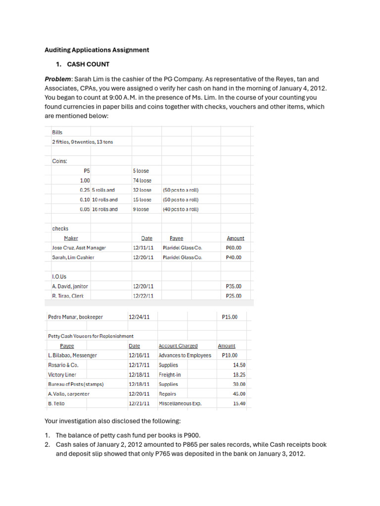 Auditing Applications Assignment Cash Count and Proof of Cash | PDF ...