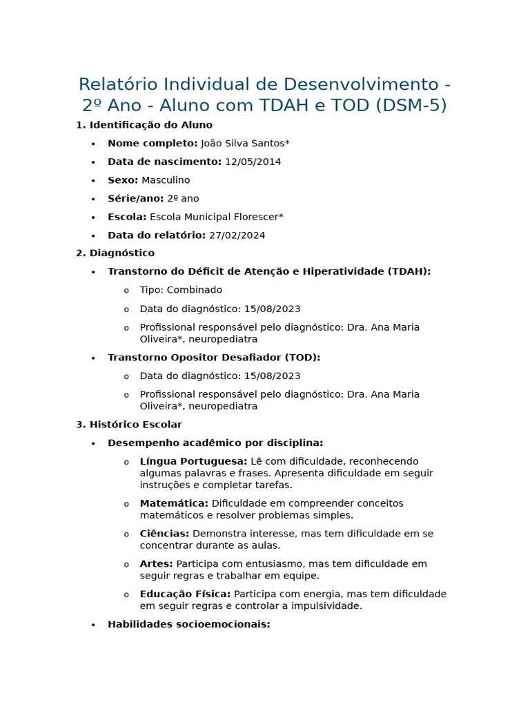 Relatório de Aluno com TDAH e TOD | PDF | Transtorno de déficit de ...