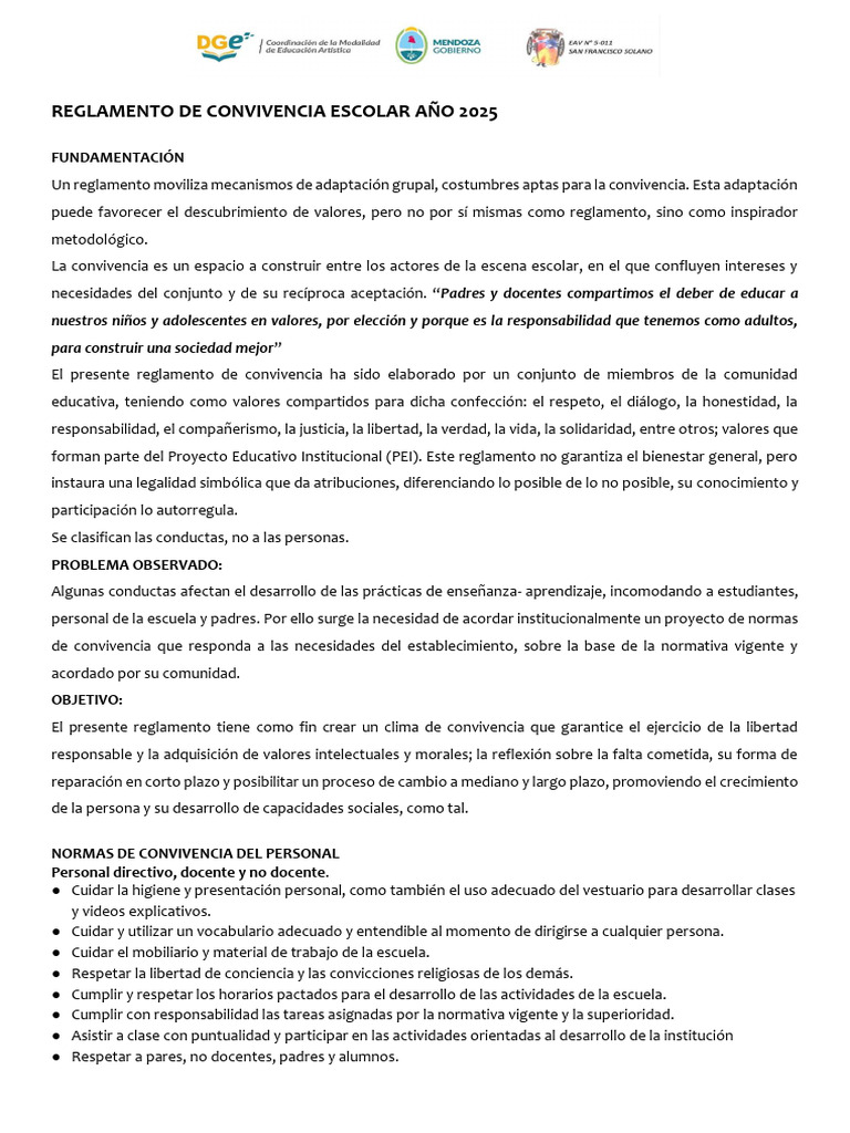 Reglamento de Convivencia Escolar 2025 | PDF | Enseñando | Escuelas