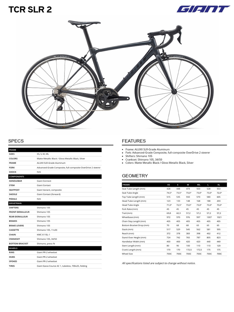 Giant TCR SLR 2 Specifications | PDF | Vehicle Technology