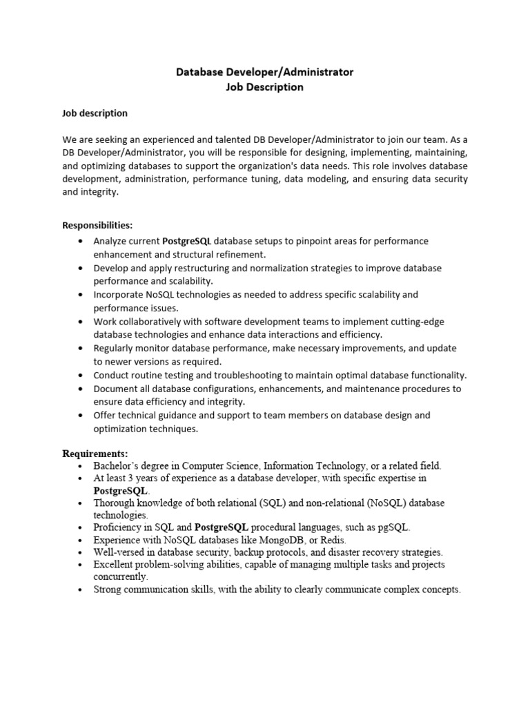 DB Developer Admin- JD | PDF