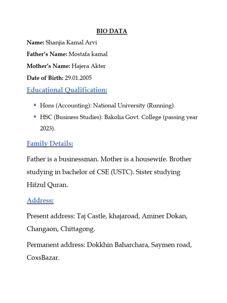 Shanjia Kamal Arvi's Bio Data | PDF