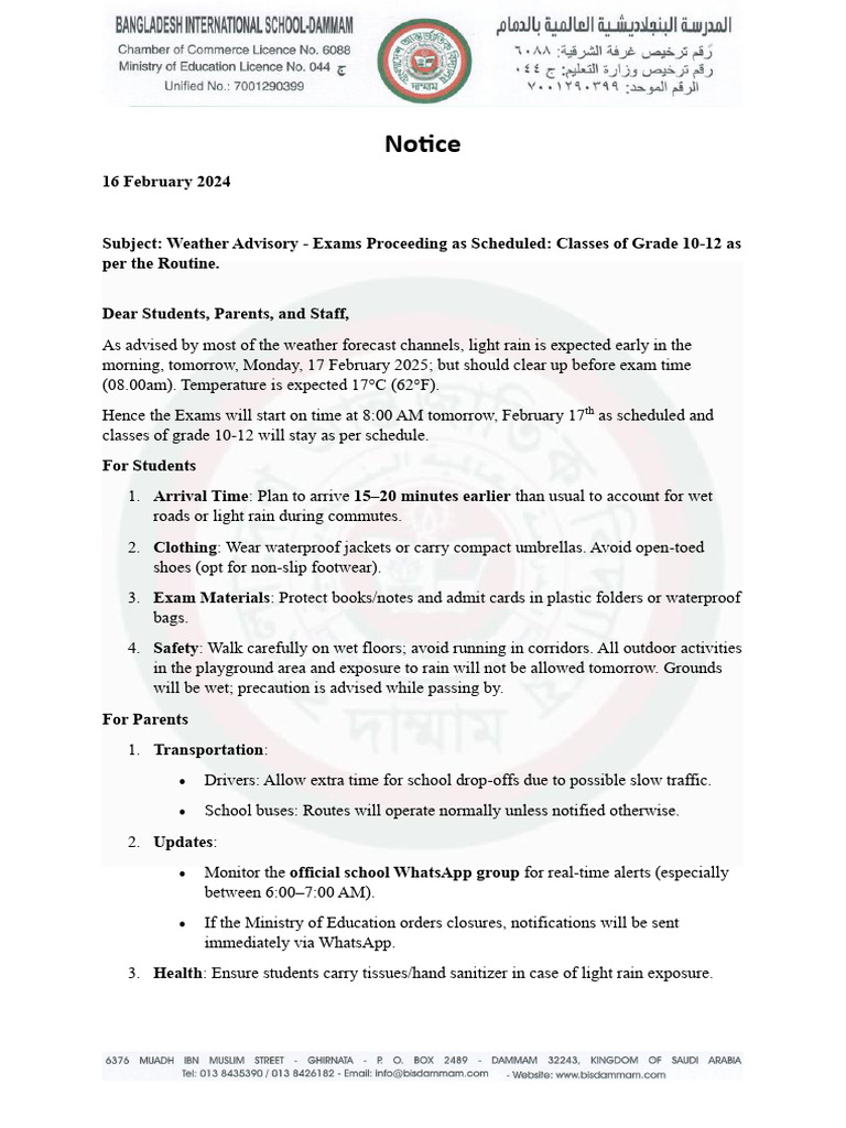 Weather Advisory and Exam On 17 February | PDF