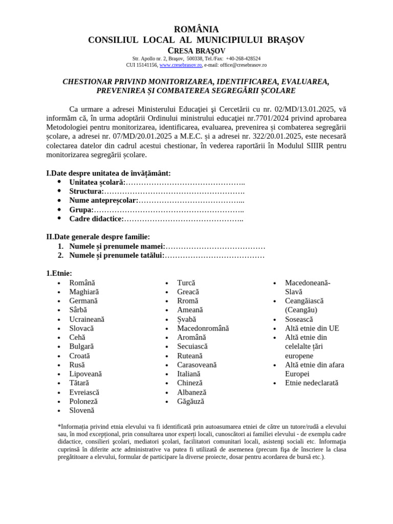 Chestionar Pentru Părinți Segregare 2025 FINAL | PDF
