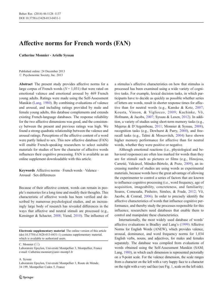 Affective Norms for French Words Database | PDF | Affect (Psychology ...