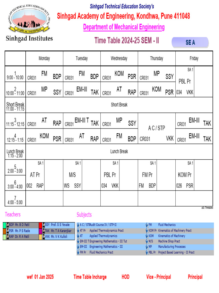 Mechanical Engineering Timetable 2024-25 | PDF | Physics | Applied And ...