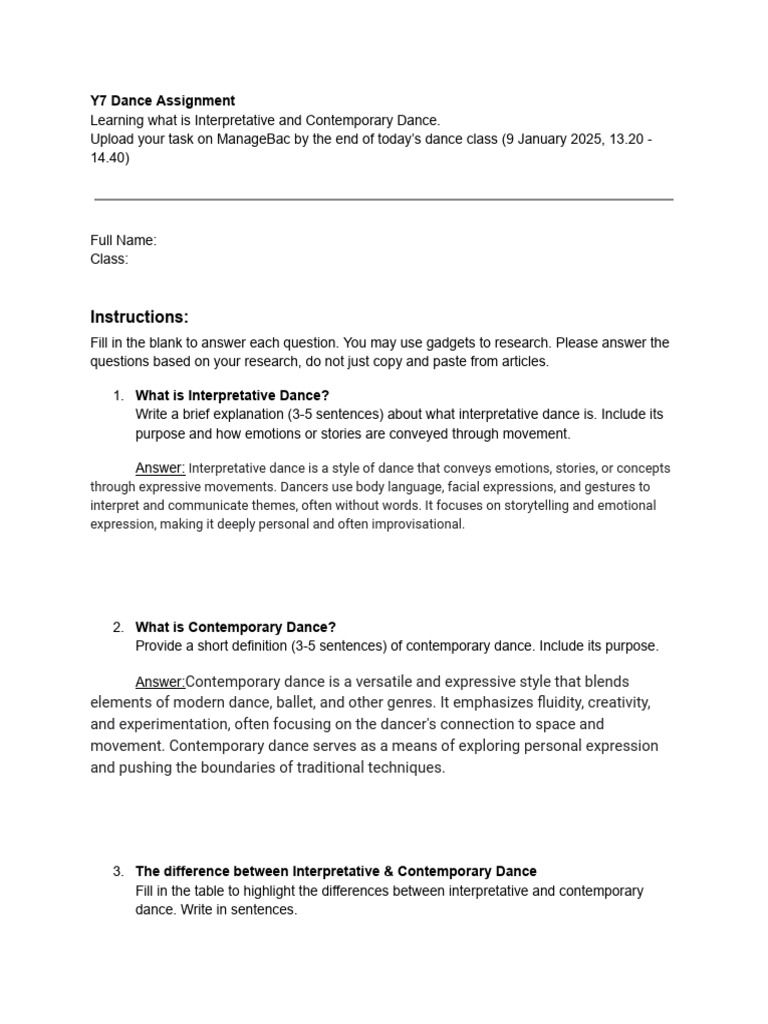 Y7 Dance Individual Assignment | PDF | Dances | Ballet