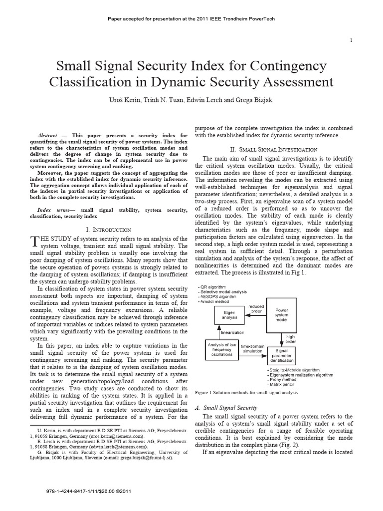 Small Signal Security Index For Contingency Classification in Dynamic ...