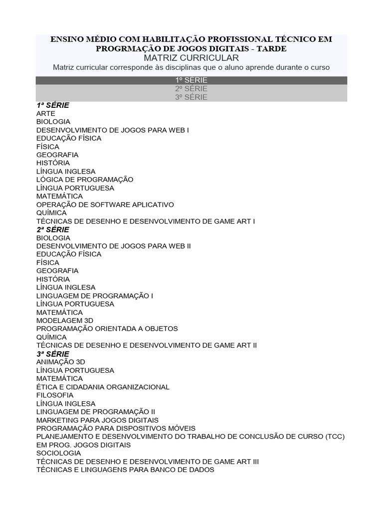 Matriz Curricular: Programação de Jogos | PDF