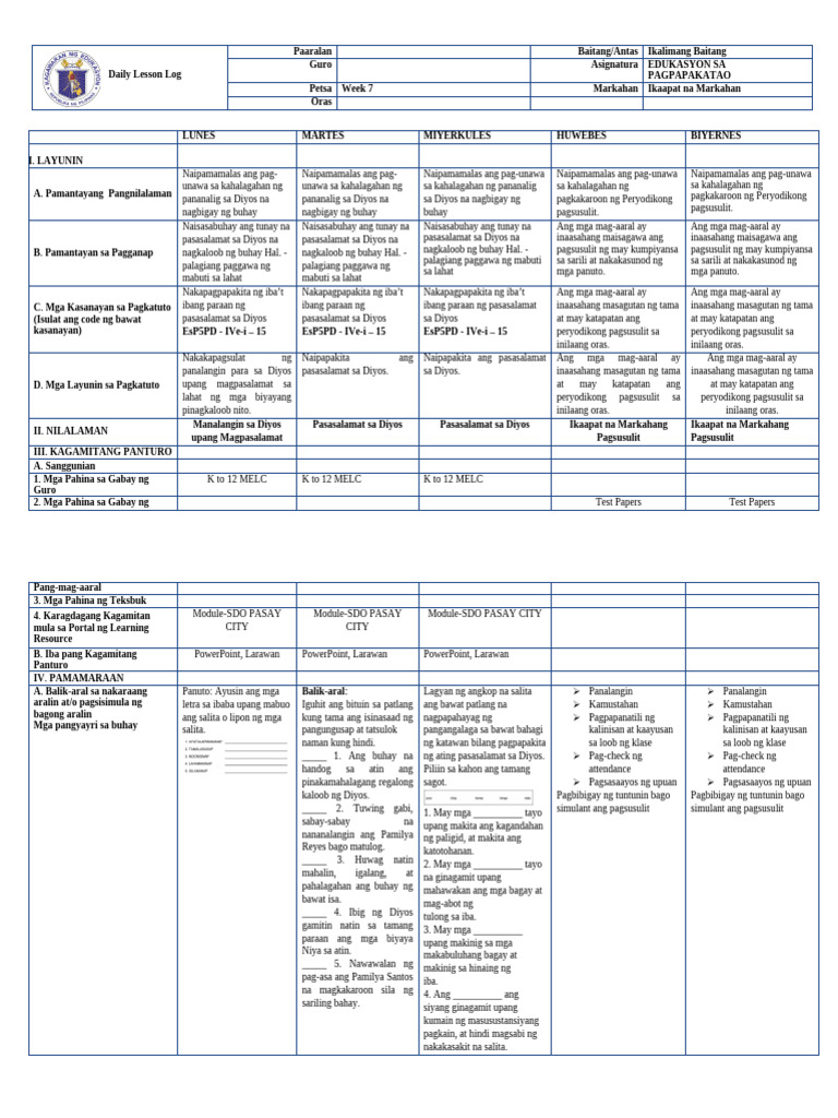 DLL Week 7-Q4 Esp 5 | PDF