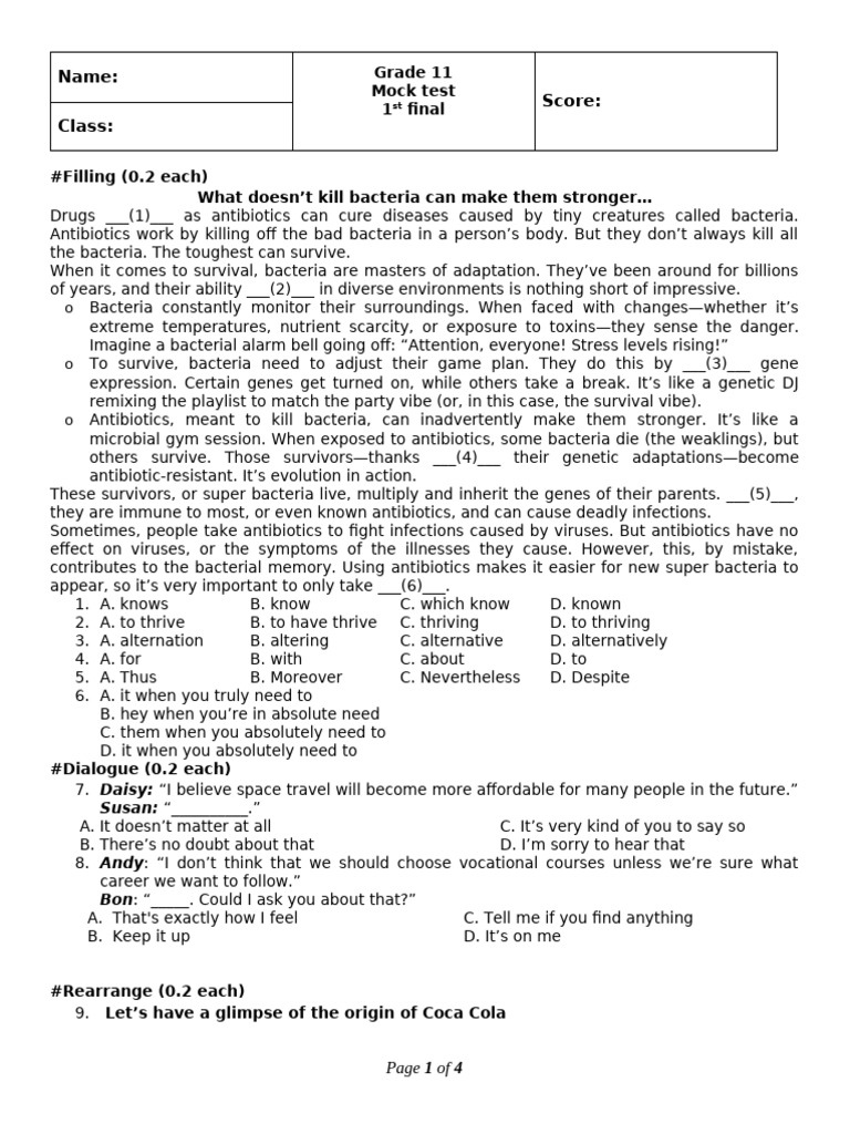 Grade 11 Mock Test: Science & Language Skills | PDF | Cost Of Living ...