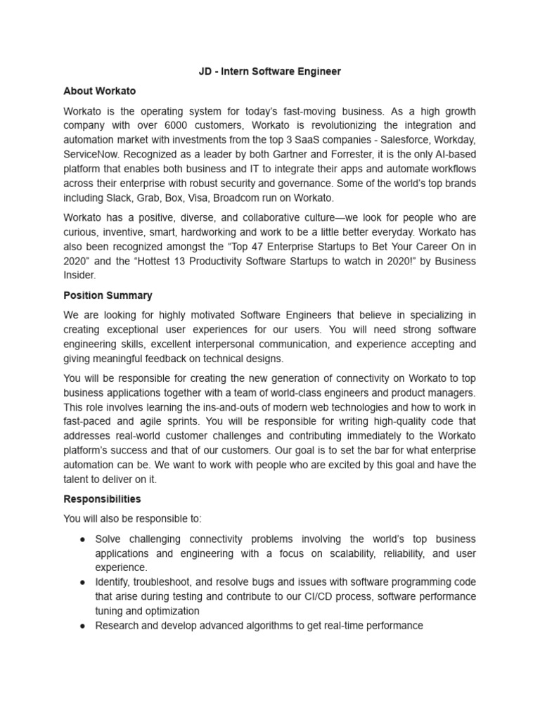 Intern Software Engineer Job at Workato | PDF | Software | Computer ...