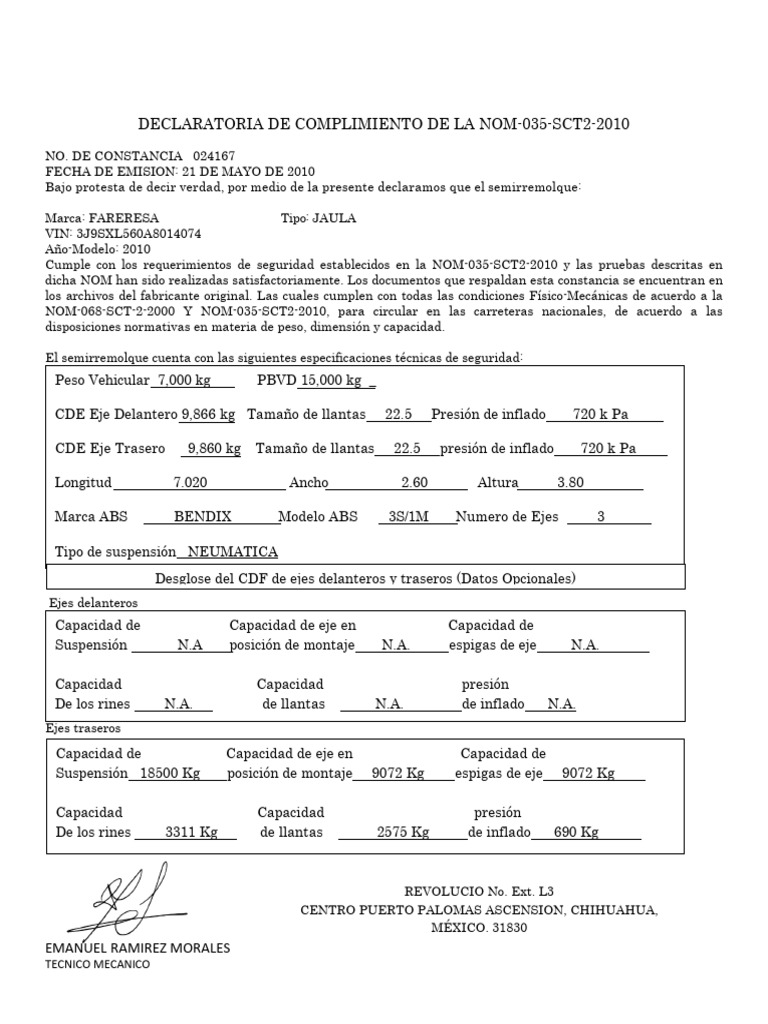 Cumplimiento NOM-035 SCT para Semirremolque | PDF | Eje | Tecnologías ...