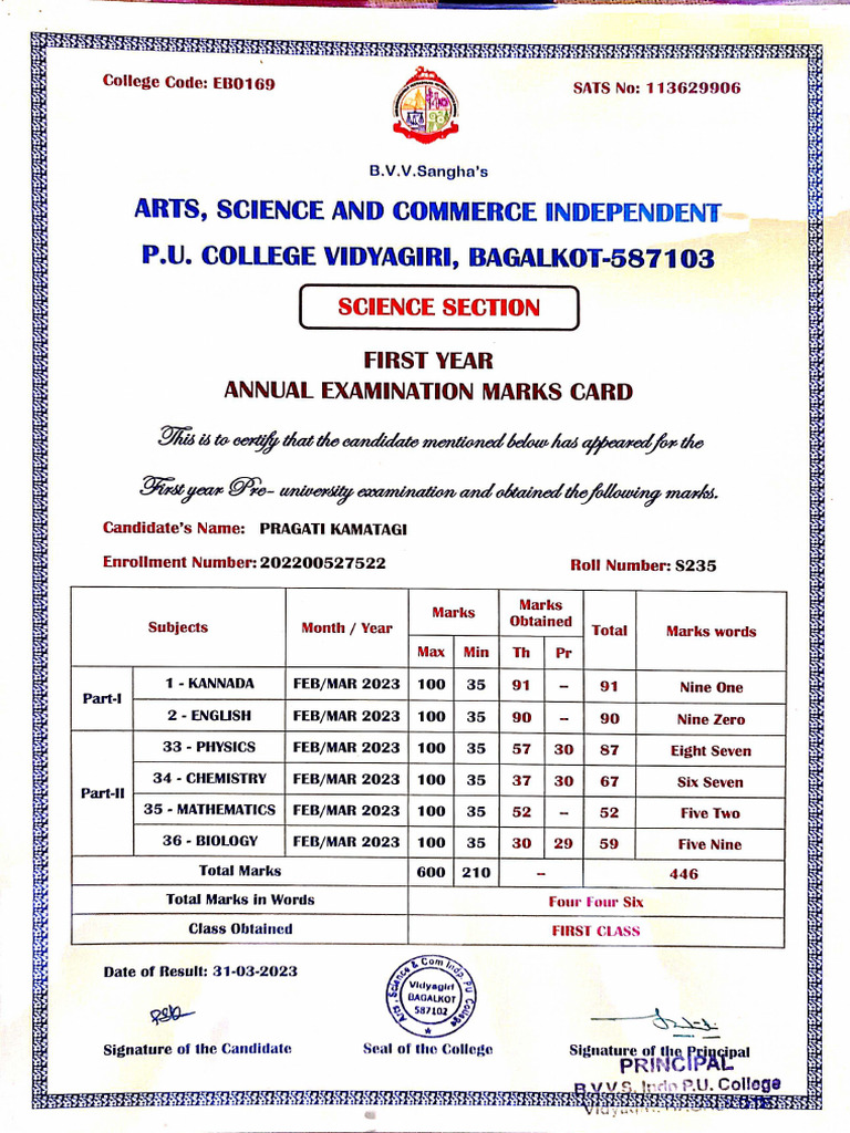 1st Pu Marks Card | PDF